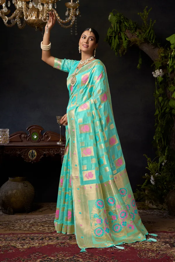 Teal_Organza_Khadi_Zhallar_Saree_For_Women