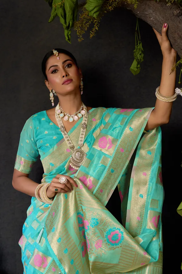Teal_Organza_Khadi_Zhallar_Saree_For_Women
