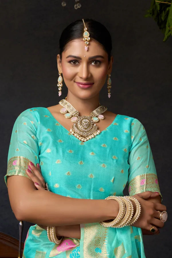 Teal_Organza_Khadi_Zhallar_Saree_For_Women
