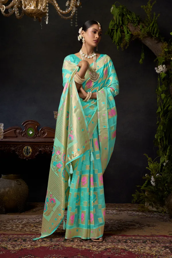 Teal_Organza_Khadi_Zhallar_Saree_For_Women