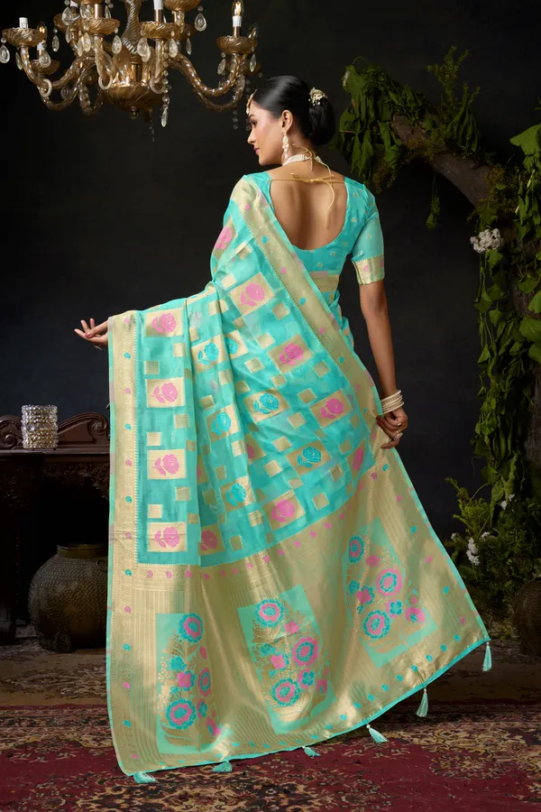 Teal_Organza_Khadi_Zhallar_Saree_For_Women