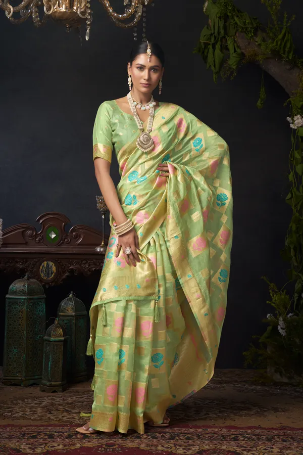Green_Organza_Khadi_Zhallar_Saree_For_Women