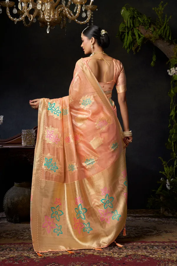 Pink_Organza_Khadi_Saree_With_Zhallar_For_Women