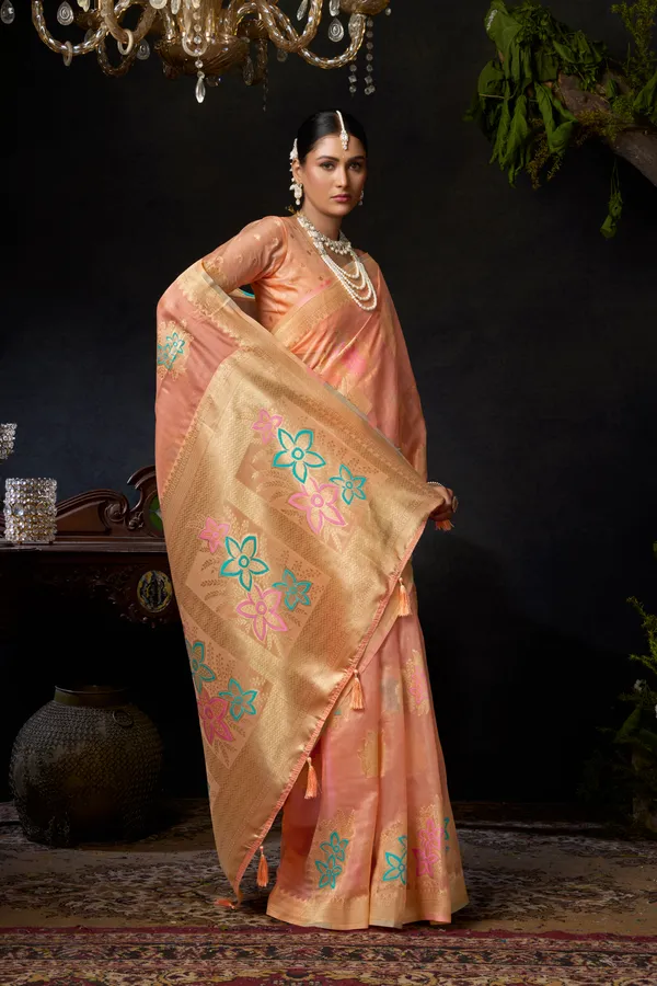 Pink_Organza_Khadi_Saree_With_Zhallar_For_Women