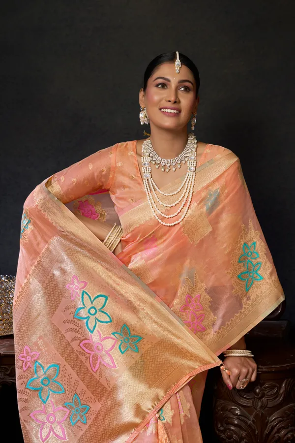 Pink_Organza_Khadi_Saree_With_Zhallar_For_Women