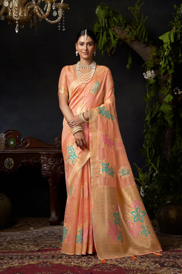 Pink_Organza_Khadi_Saree_With_Zhallar_For_Women