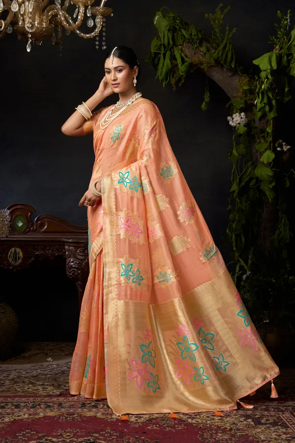 Pink_Organza_Khadi_Saree_With_Zhallar_For_Women