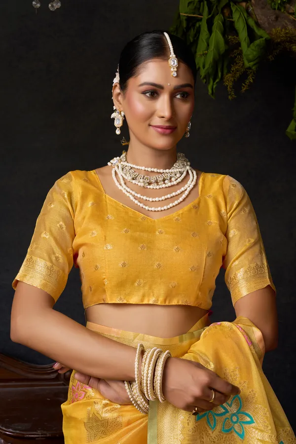 Yellow_Organza_Khadi_Zhallar_Saree_For_Women