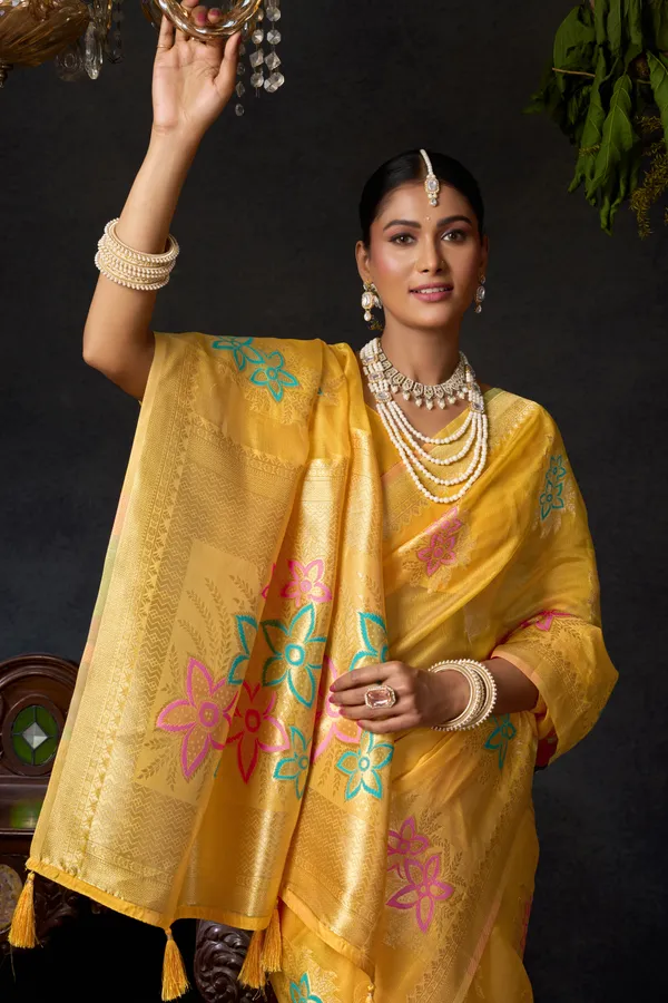 Yellow_Organza_Khadi_Zhallar_Saree_For_Women