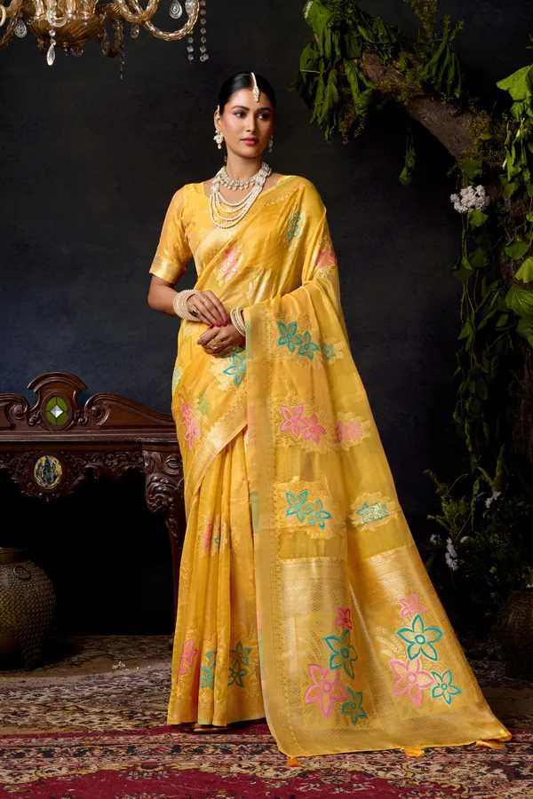 Yellow_Organza_Khadi_Zhallar_Saree_For_Women