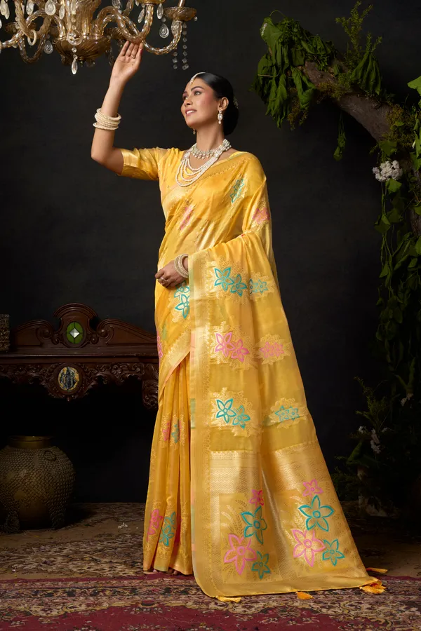 Yellow_Organza_Khadi_Zhallar_Saree_For_Women