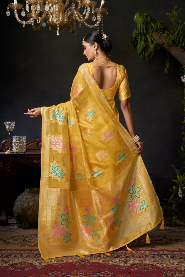 Yellow_Organza_Khadi_Zhallar_Saree_For_Women