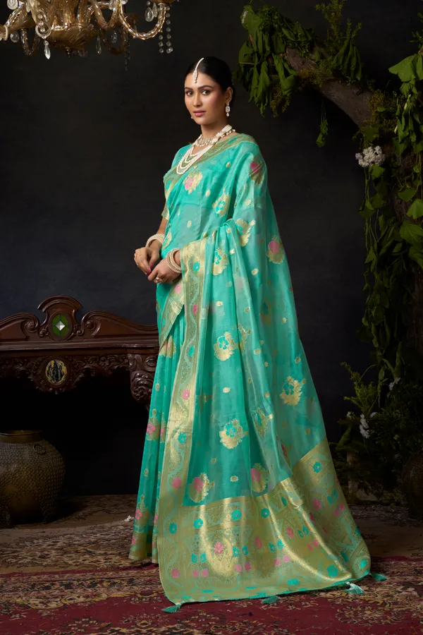 Teal_Organza_Khadi_Zhallar_Saree_For_Women