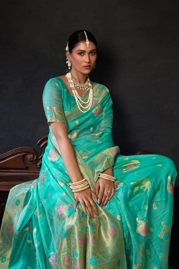Teal_Organza_Khadi_Zhallar_Saree_For_Women