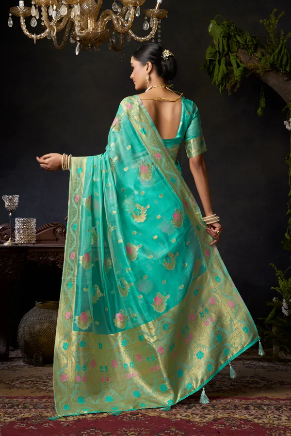 Teal_Organza_Khadi_Zhallar_Saree_For_Women