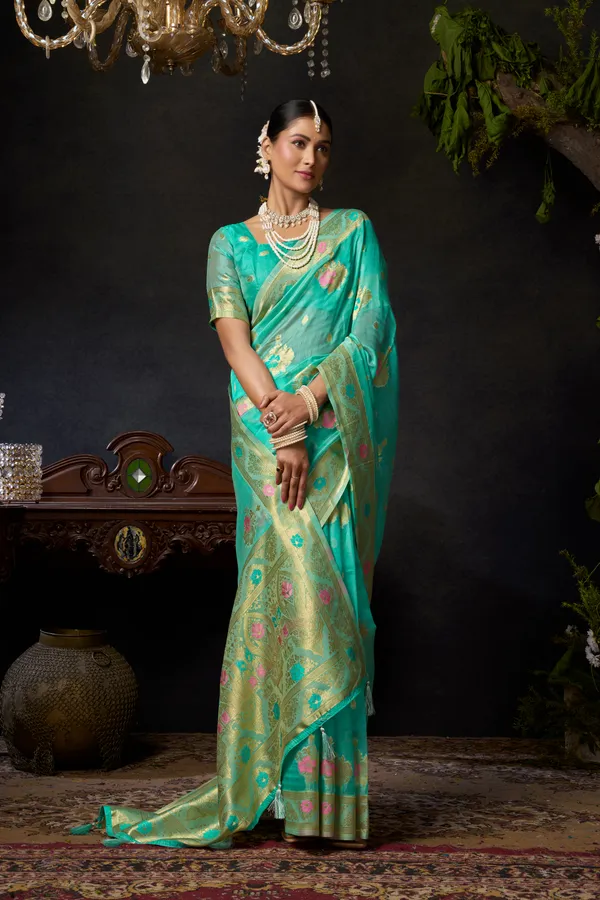 Teal_Organza_Khadi_Zhallar_Saree_For_Women