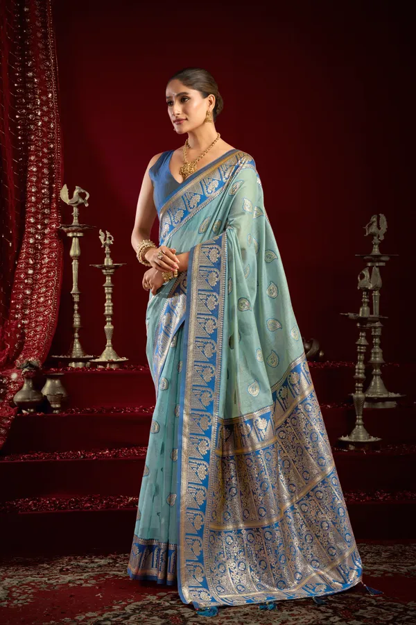 Teal_Modal_Banarasi_Zari_Zhallar_Saree_For_Women