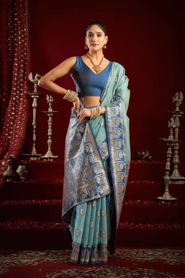 Teal_Modal_Banarasi_Zari_Zhallar_Saree_For_Women