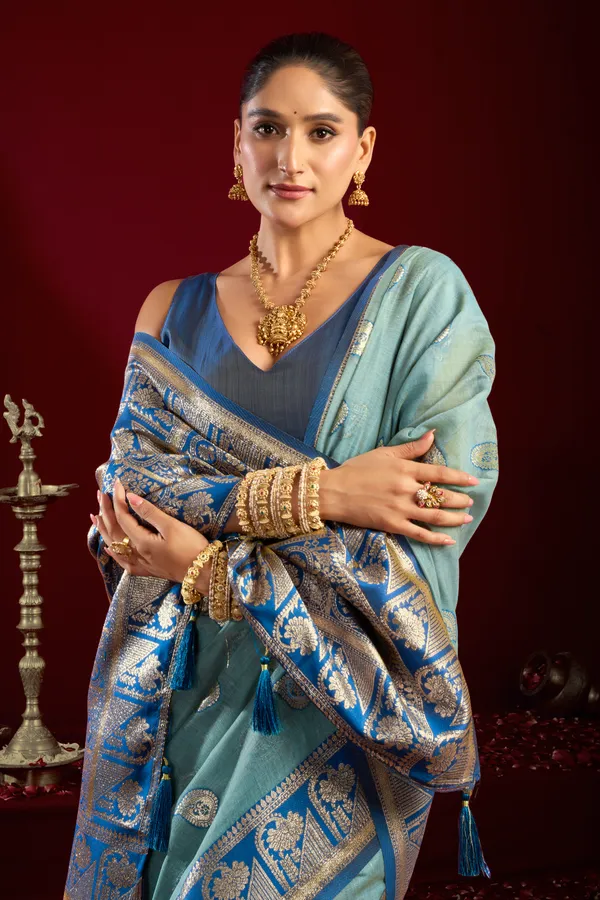 Teal_Modal_Banarasi_Zari_Zhallar_Saree_For_Women
