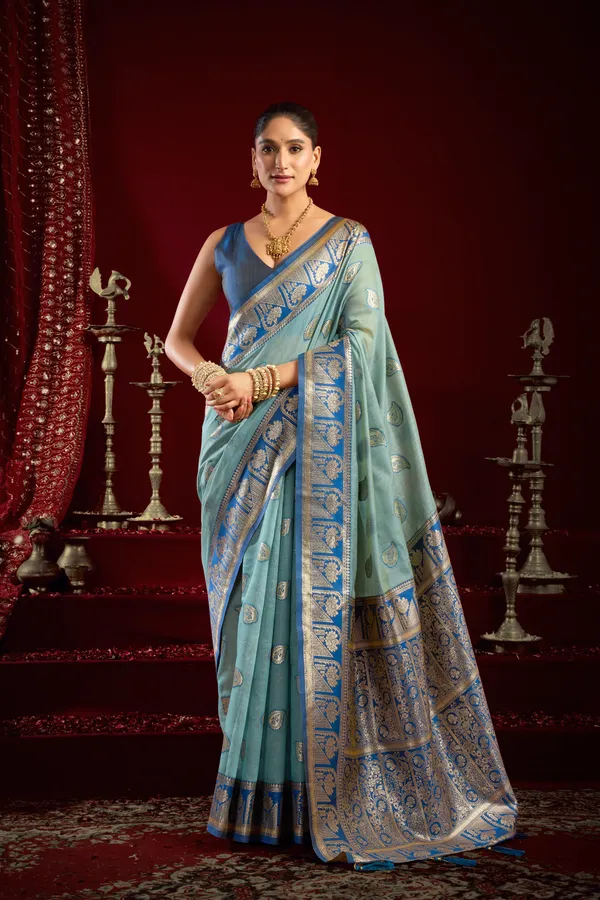 Teal_Modal_Banarasi_Zari_Zhallar_Saree_For_Women