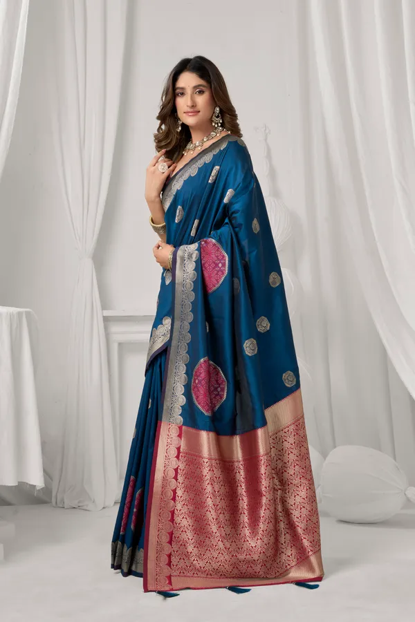Blue_Soft_Silk_Pompom_Saree_For_Women