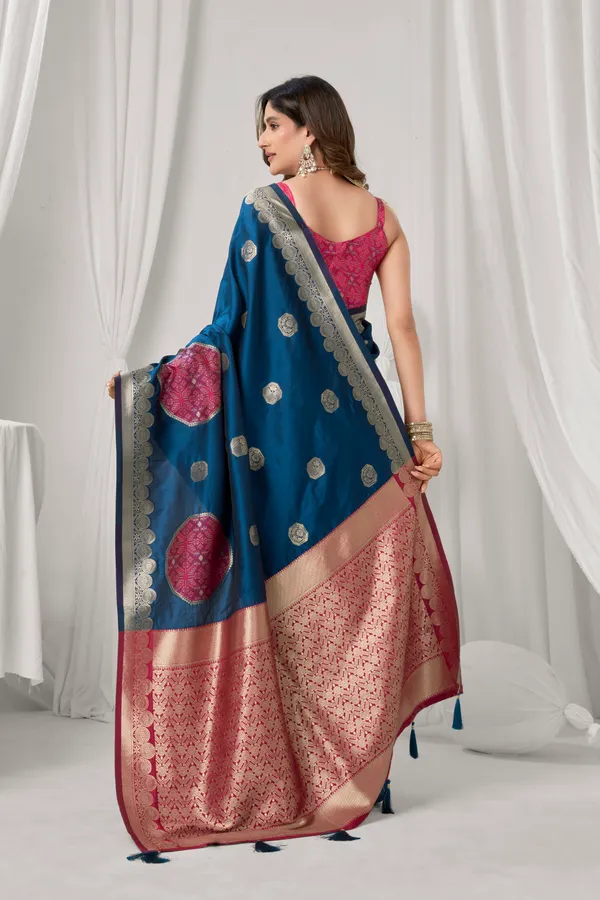 Blue_Soft_Silk_Pompom_Saree_For_Women