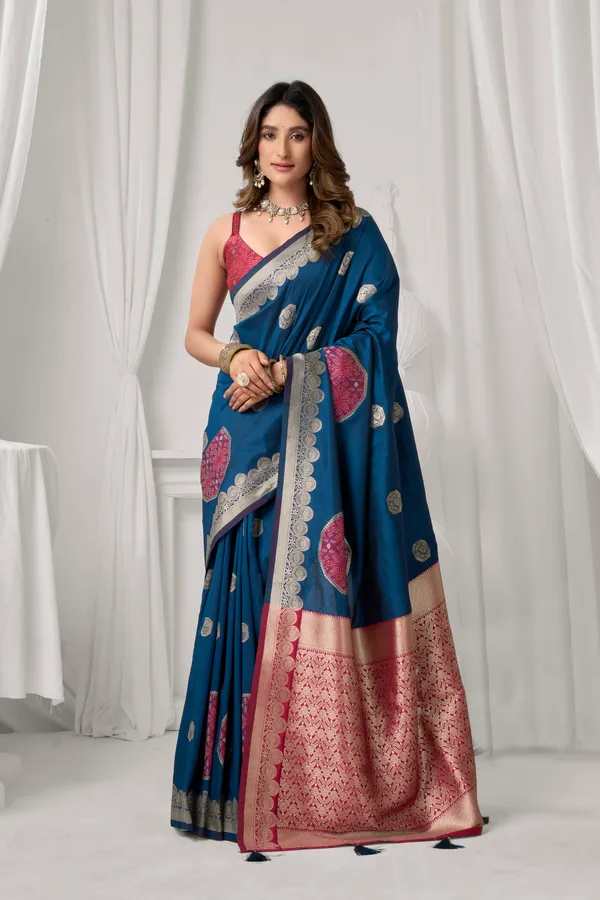 Blue_Soft_Silk_Pompom_Saree_For_Women