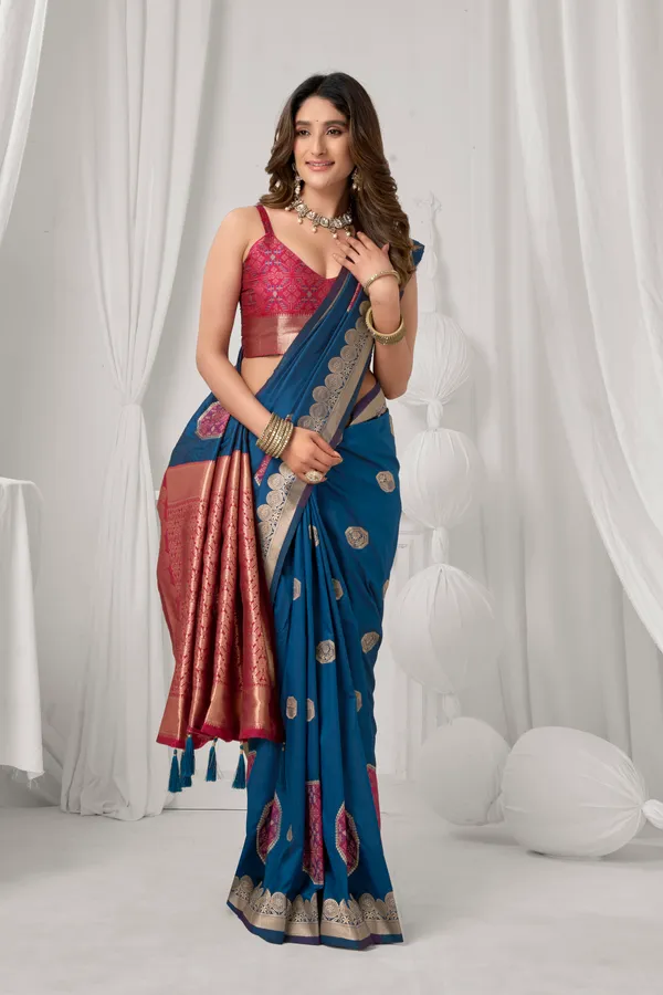 Blue_Soft_Silk_Pompom_Saree_For_Women