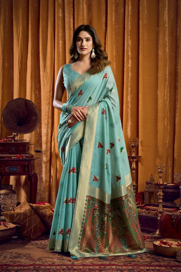 Teal_Modal_Katha_Mina_Zhallar_Saree_For_Women