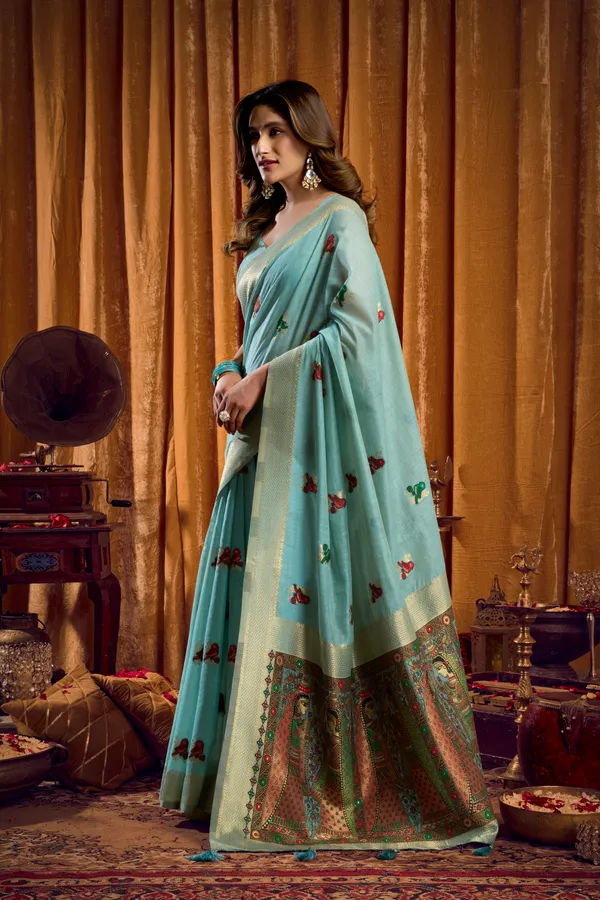 Teal_Modal_Katha_Mina_Zhallar_Saree_For_Women
