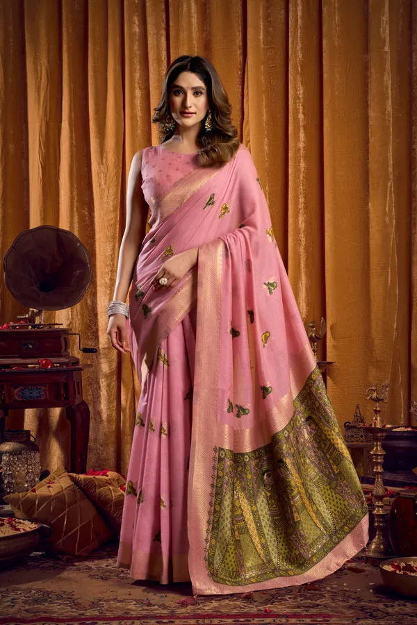 Pink_Modal_Katha_Work_Saree_With_Mina_And_Zhallar_For_Women