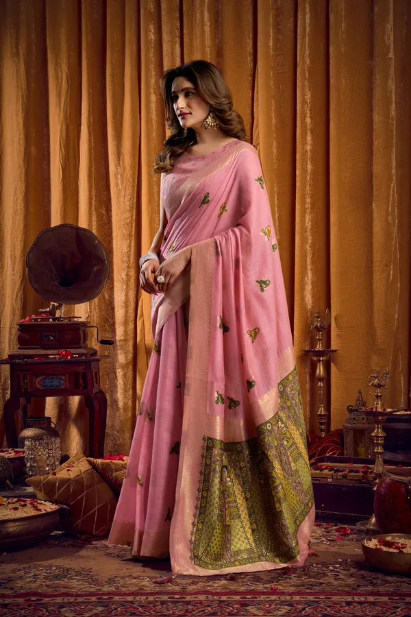 Pink_Modal_Katha_Work_Saree_With_Mina_And_Zhallar_For_Women