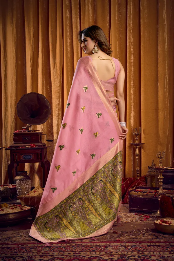 Pink_Modal_Katha_Work_Saree_With_Mina_And_Zhallar_For_Women