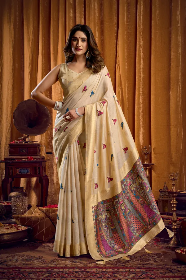 Cream_Modal_Katha_Work_Saree_With_Mina_And_Zhallar_For_Women