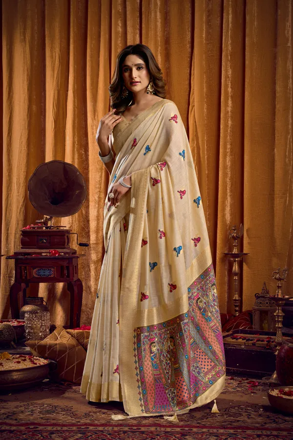 Cream_Modal_Katha_Work_Saree_With_Mina_And_Zhallar_For_Women