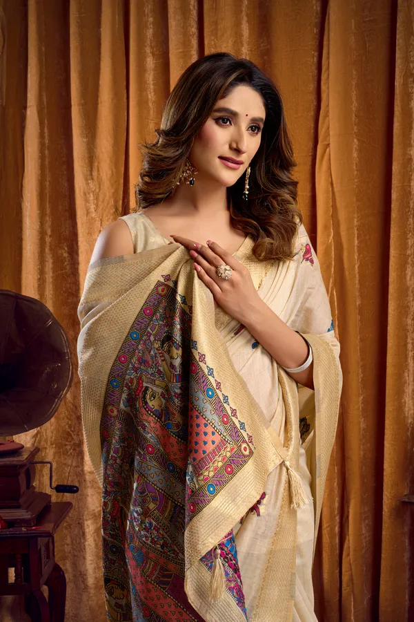 Cream_Modal_Katha_Work_Saree_With_Mina_And_Zhallar_For_Women