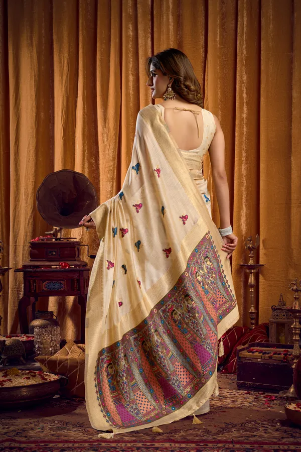 Cream_Modal_Katha_Work_Saree_With_Mina_And_Zhallar_For_Women