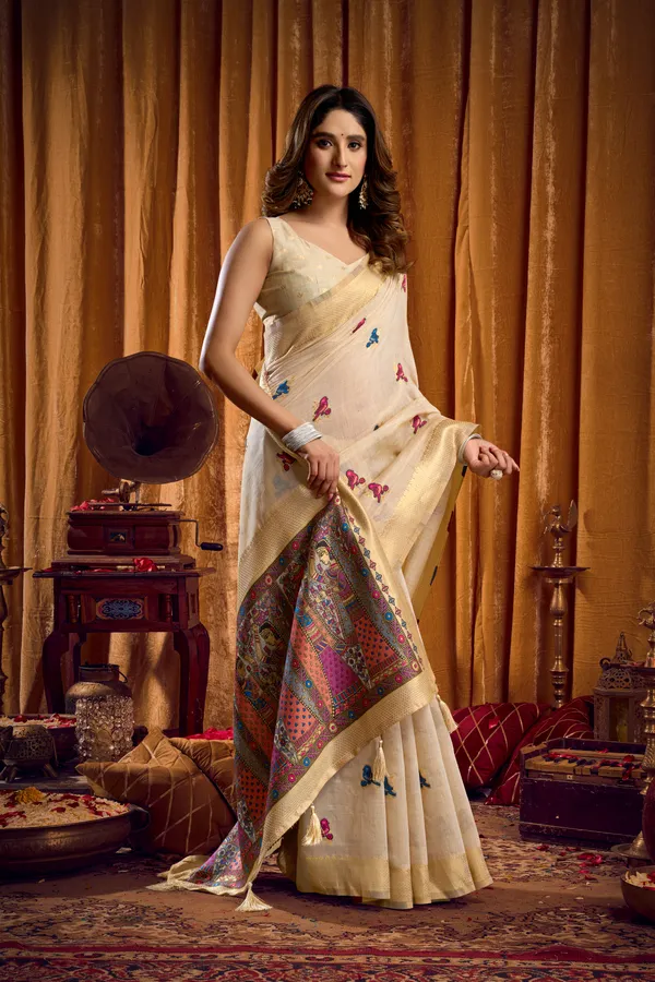 Cream_Modal_Katha_Work_Saree_With_Mina_And_Zhallar_For_Women