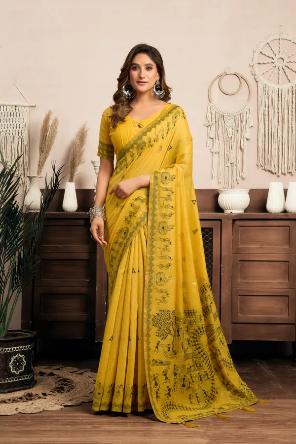 Yellow_Modal_Warli_Work_Zhallar_Saree_For_Women