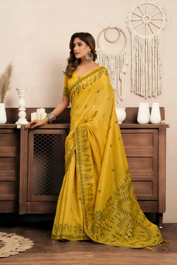 Yellow_Modal_Warli_Work_Zhallar_Saree_For_Women