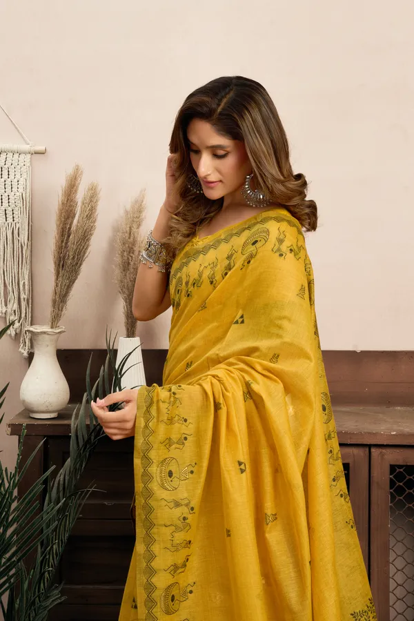Yellow_Modal_Warli_Work_Zhallar_Saree_For_Women