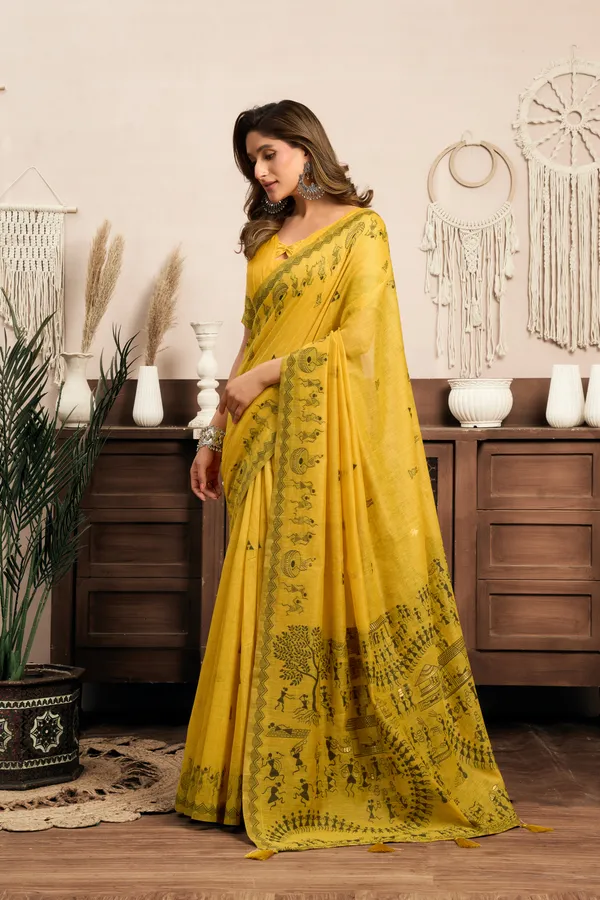 Yellow_Modal_Warli_Work_Zhallar_Saree_For_Women