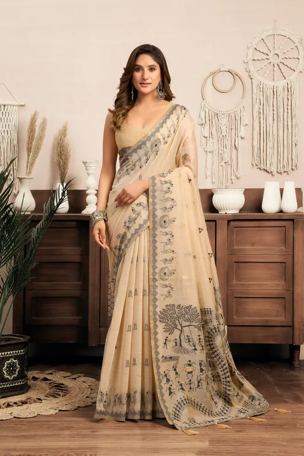 Cream_Modal_Worli_Work_Saree_With_Zhallar_For_Women
