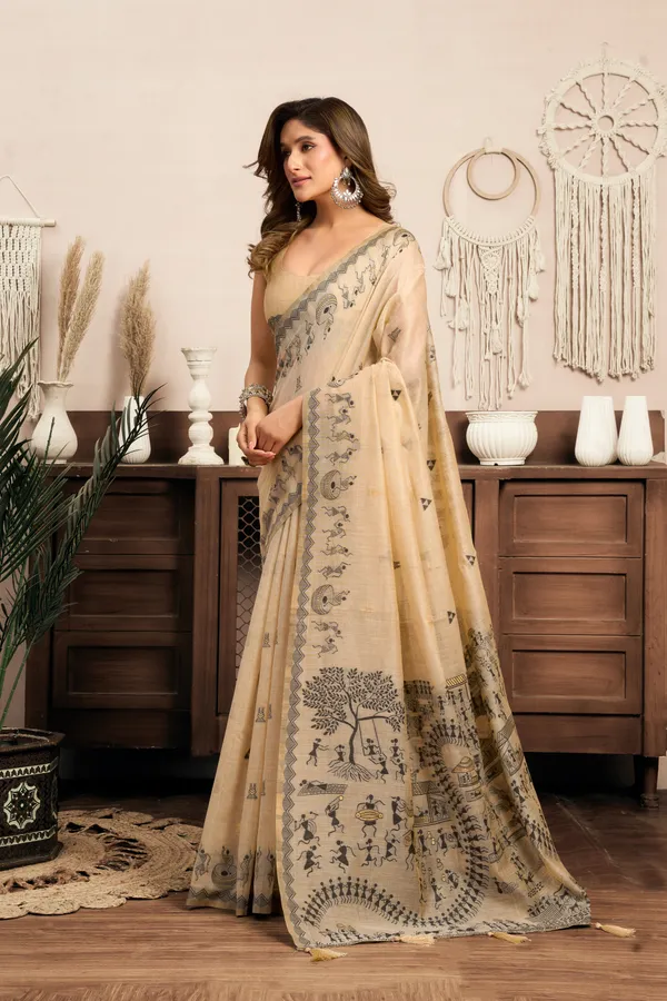 Cream_Modal_Worli_Work_Saree_With_Zhallar_For_Women