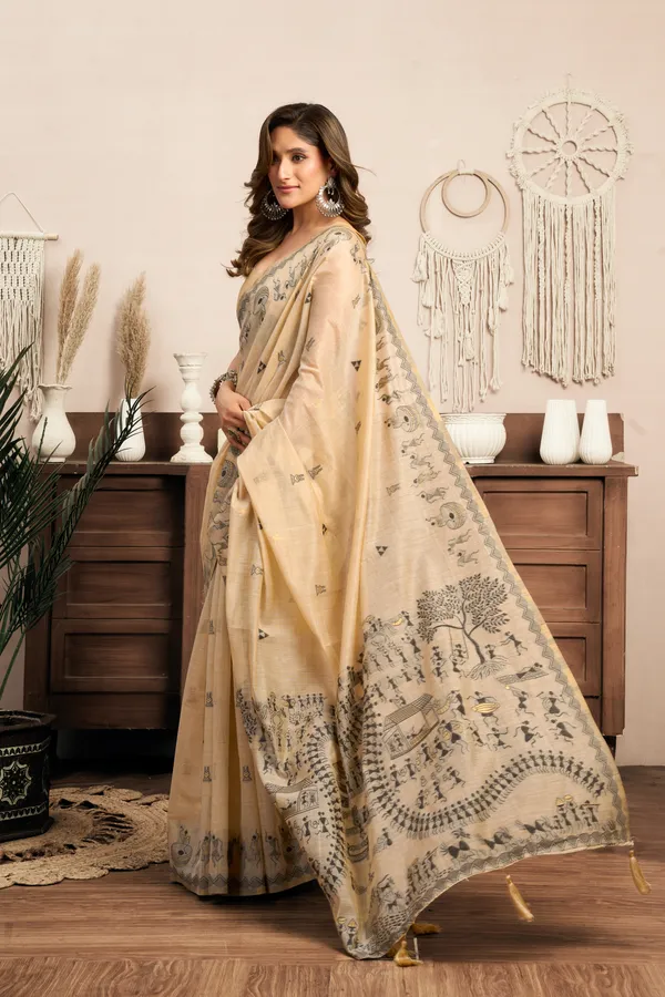 Cream_Modal_Worli_Work_Saree_With_Zhallar_For_Women