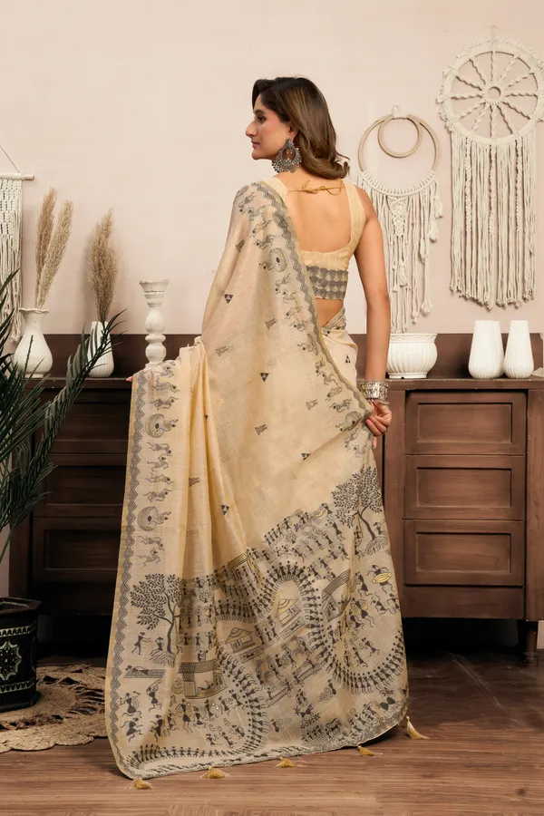 Cream_Modal_Worli_Work_Saree_With_Zhallar_For_Women