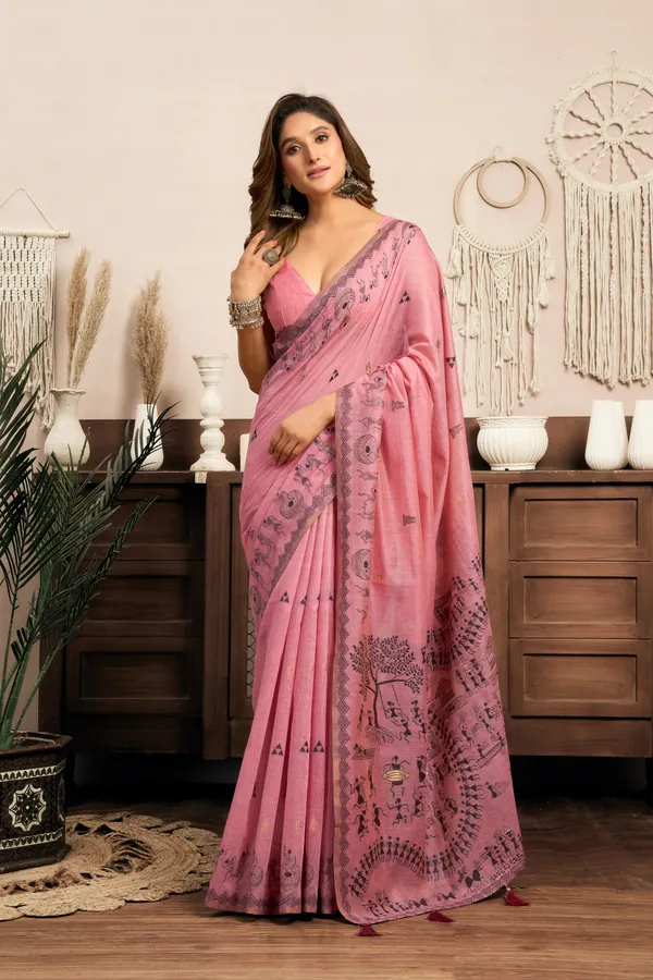Pink_Modal_Warli_Work_Zhallar_Saree_For_Women