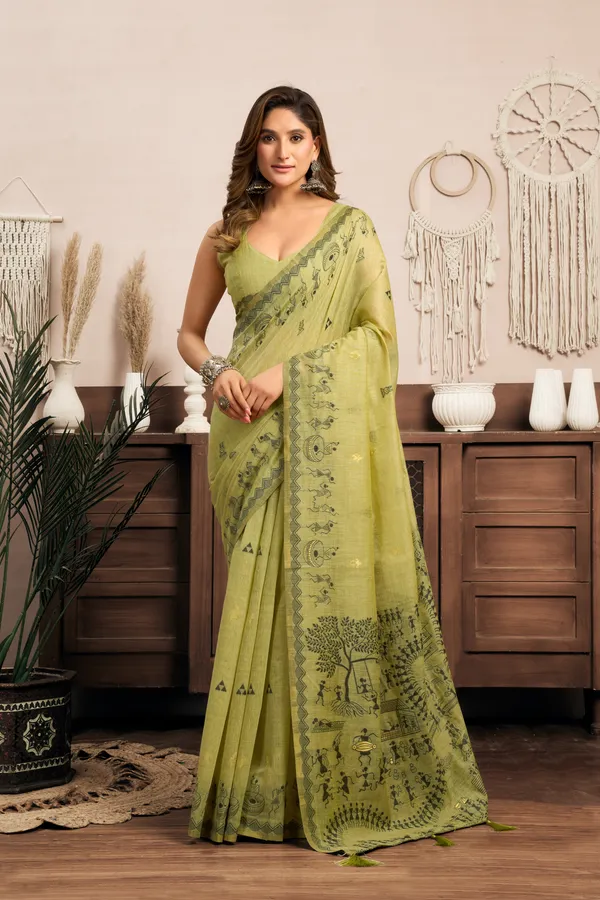 Yellow_Modal_Warli_Print_Zhallar_Saree_For_Women