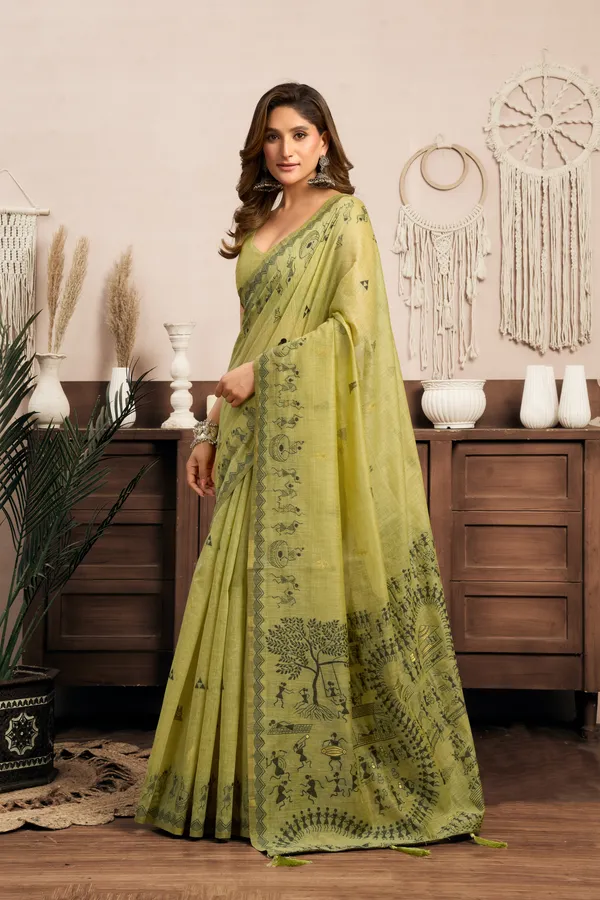 Yellow_Modal_Warli_Print_Zhallar_Saree_For_Women
