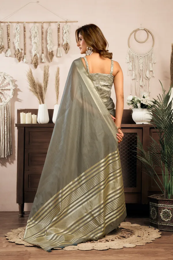 Multicolor_Khadi_Cotton_Saree_With_Brocade_Blouse_And_Zhallar_For_Women